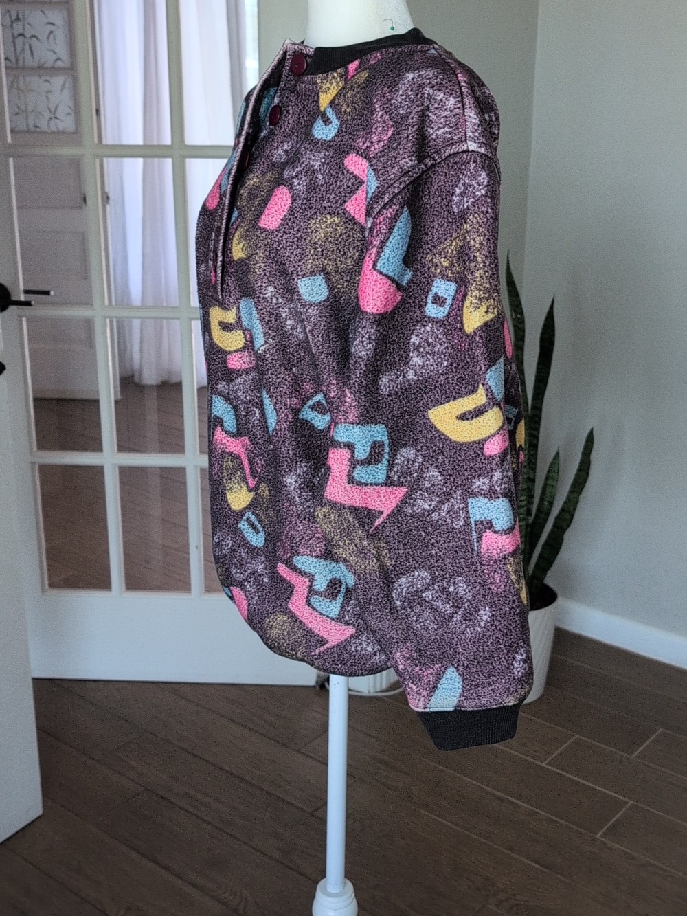 Vintage Retro Long-Sleeve Pullover Shirt in Multicolor Abstract Print Size Large - Picture 3 of 6